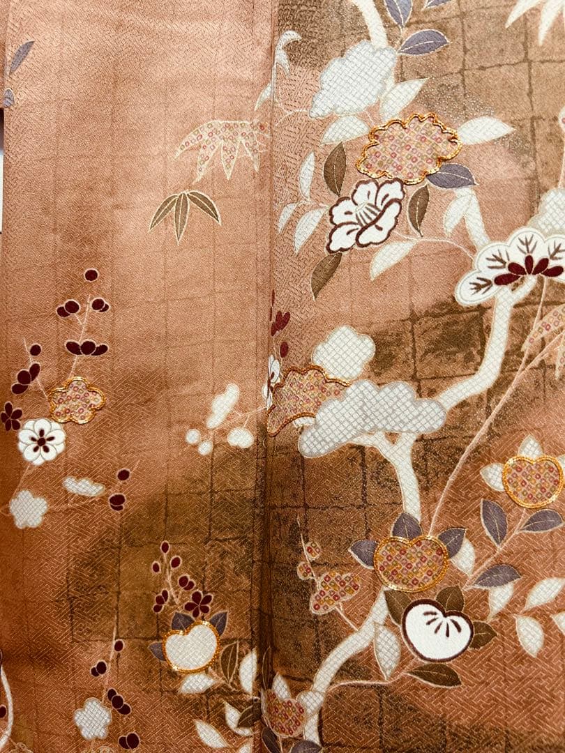 美品　訪問着のみ　ブラウン　希少S S サイズ　金刺繍　松竹梅　椿　パール加工済