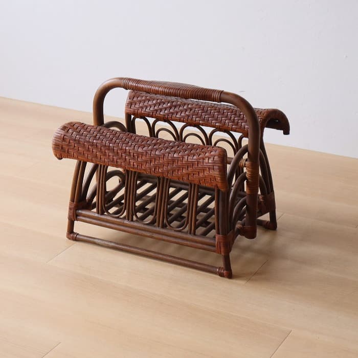 アンティーク ラタン＆レザー スリッパラック マガジンラック 本革 古家具