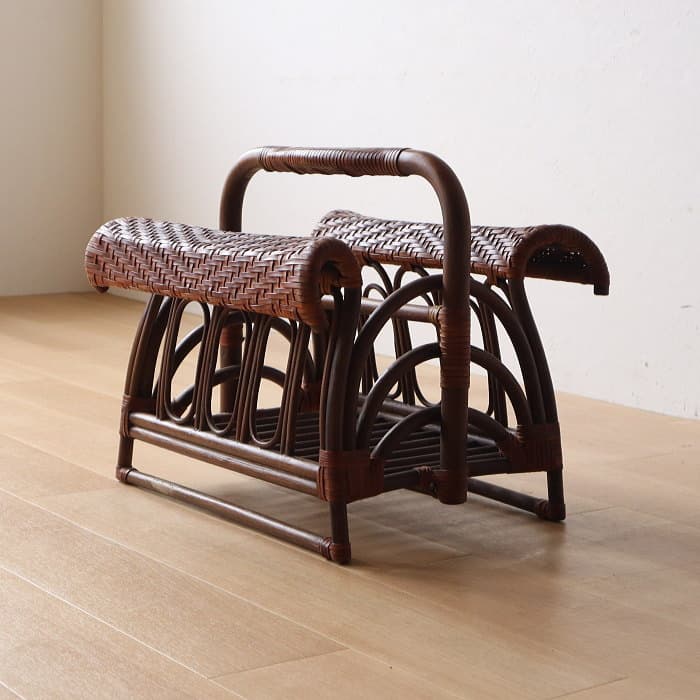 アンティーク ラタン＆レザー スリッパラック マガジンラック 本革 古家具