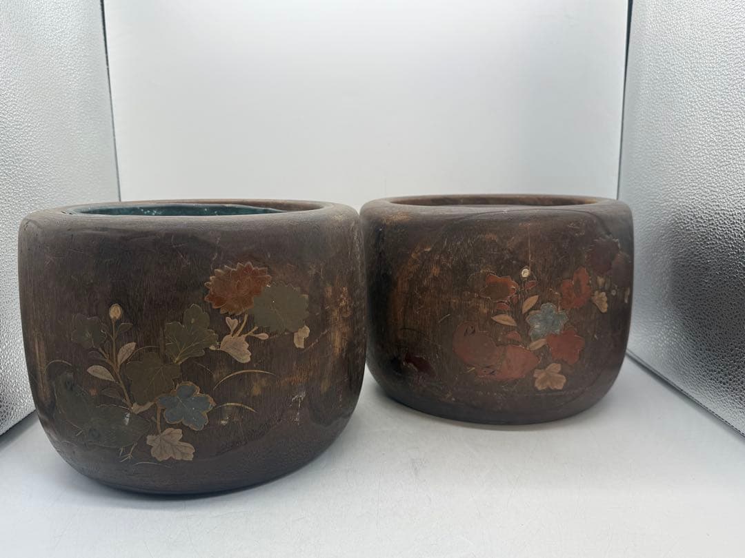 桐手銅芯炙りペア　秋草鶉紋　乾漆　茶道具　送料込み260202