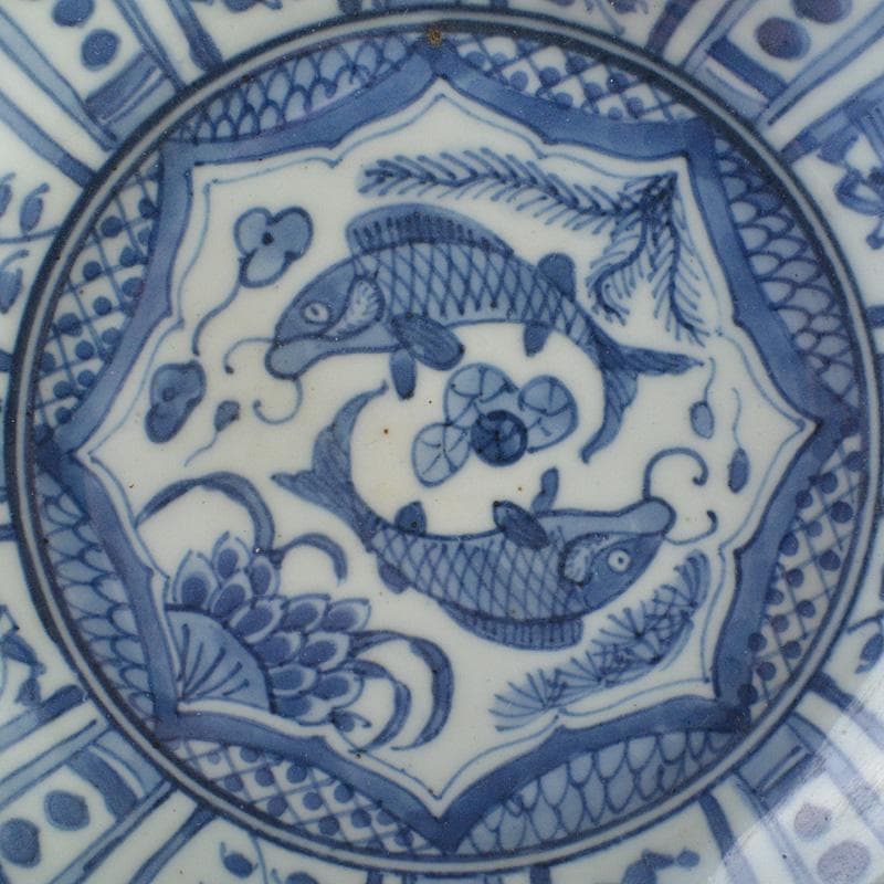 中国　青花　魚藻文　神獣文　鉢　皿　一對　M　R6200