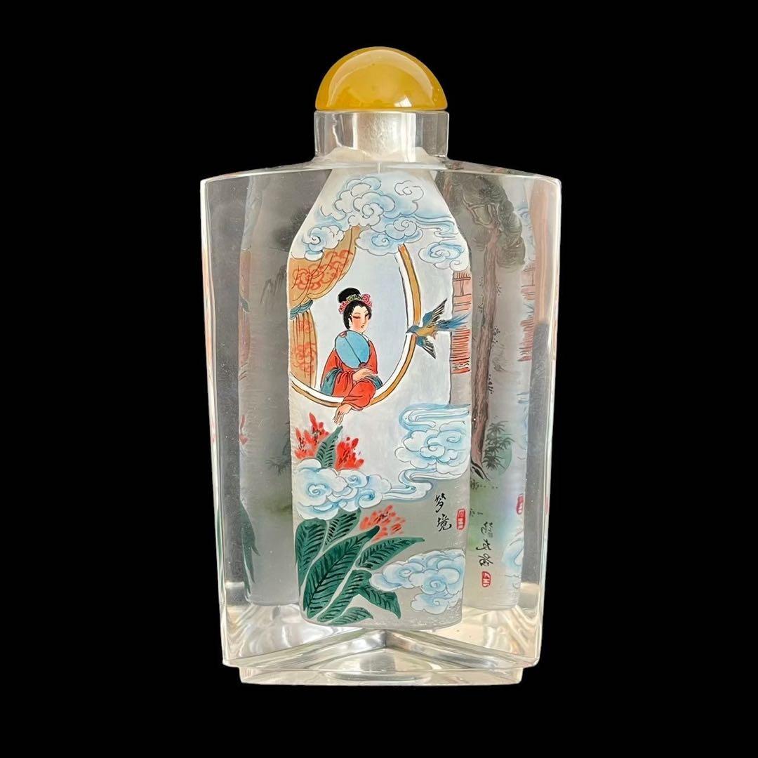 中国内画 山東内畫 内側ペイント タバコ瓶 女性 男性 雲 葉 鳥 木 中国製