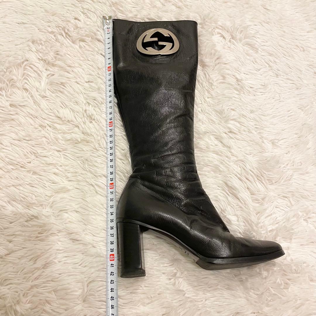 良品 GUCCI グッチ インターロッキング GG ロングブーツ 黒 レザー