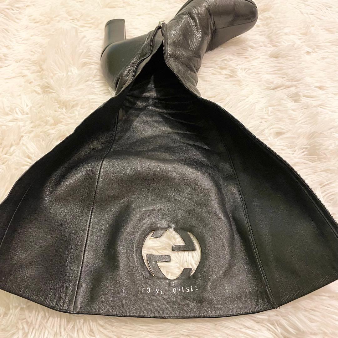 良品 GUCCI グッチ インターロッキング GG ロングブーツ 黒 レザー