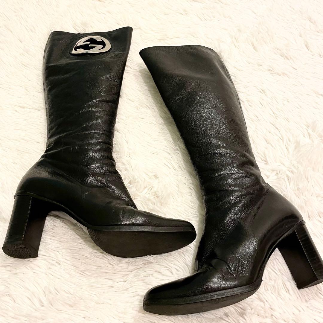 良品 GUCCI グッチ インターロッキング GG ロングブーツ 黒 レザー