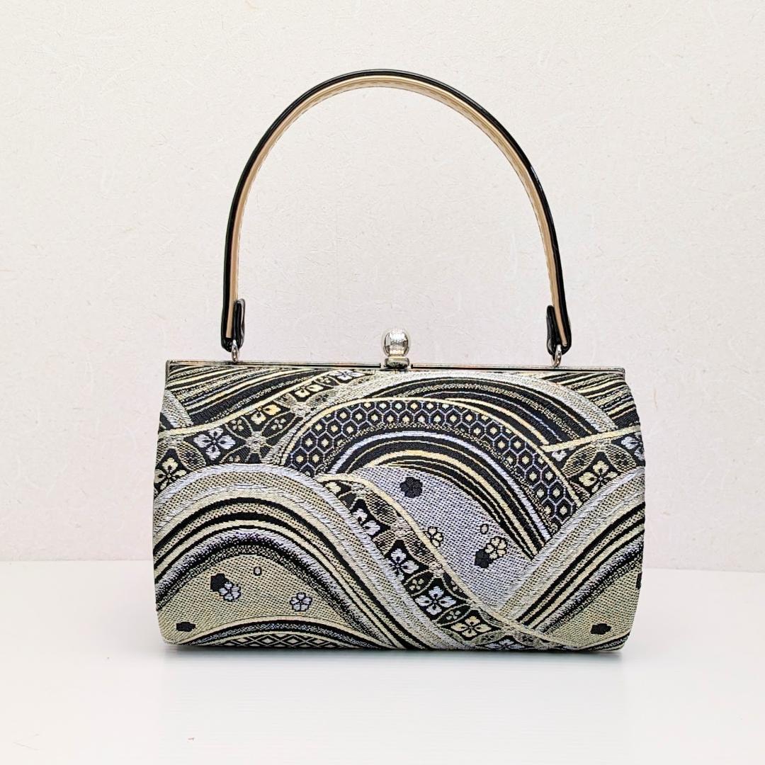 和装 草履バッグセット 帯地 波 黒×金 3枚芯 フリーサイズ k16-8