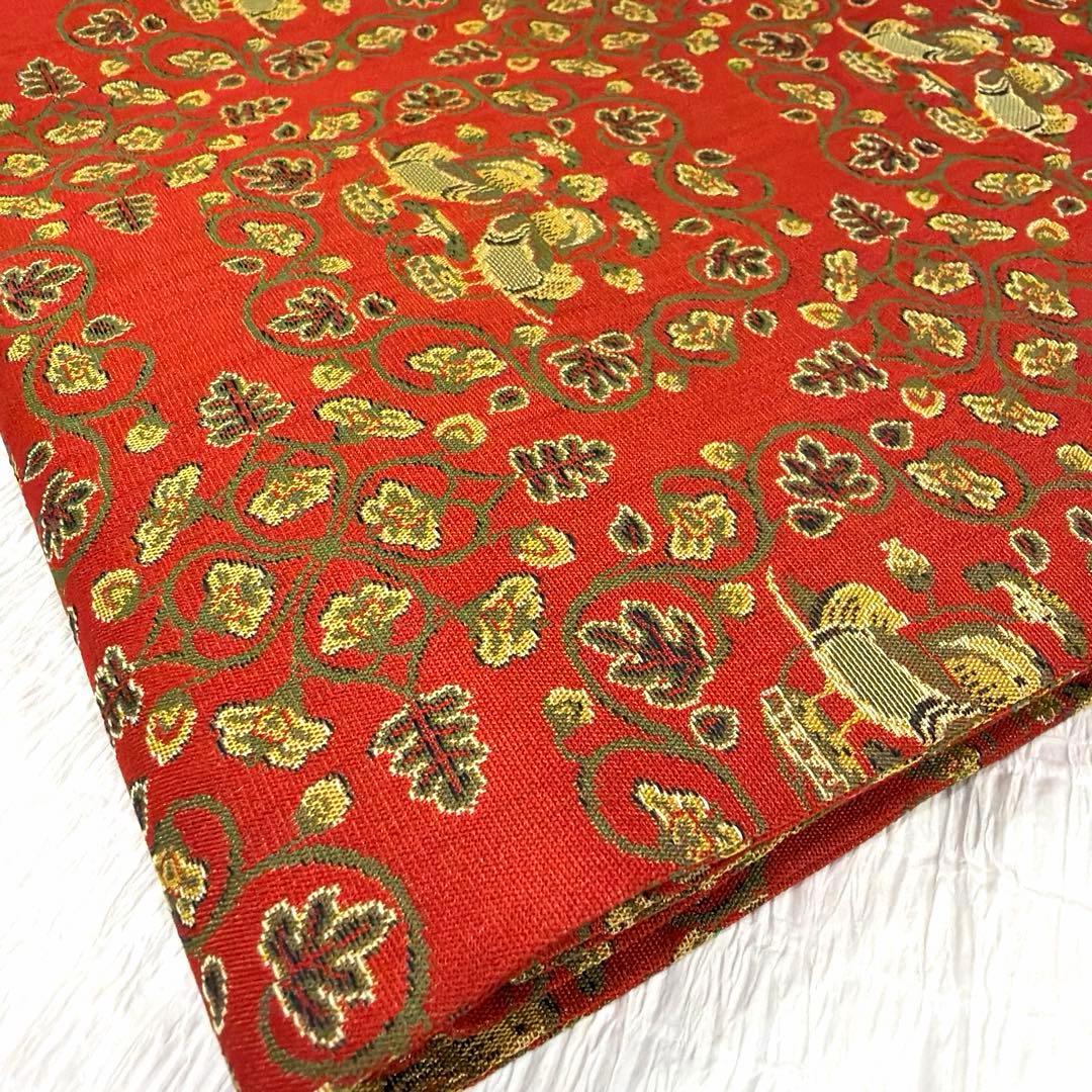 龍村美術織物-名古屋帯-赤￼地鴛鴦唐草柄￼
