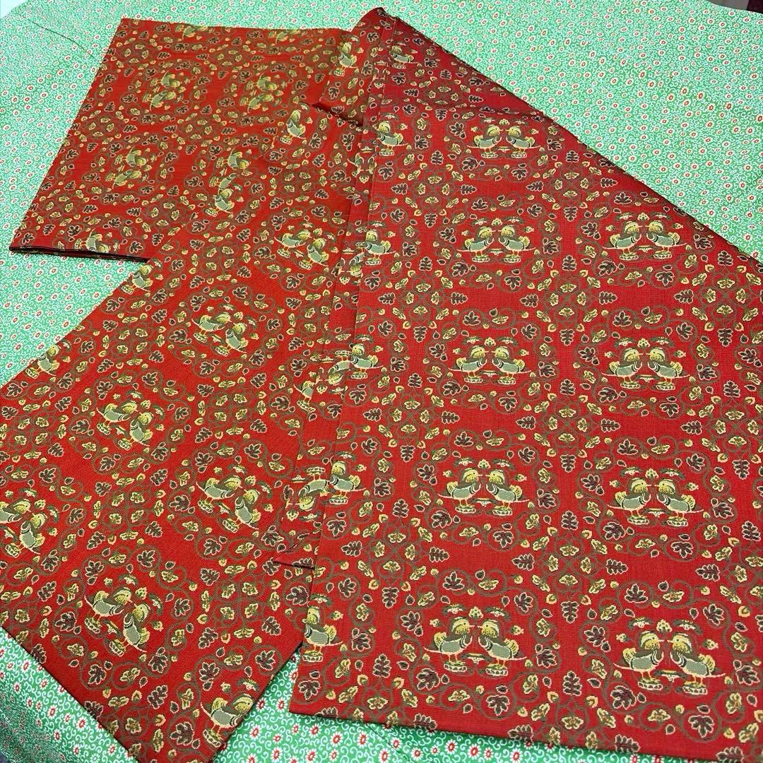 龍村美術織物-名古屋帯-赤￼地鴛鴦唐草柄￼