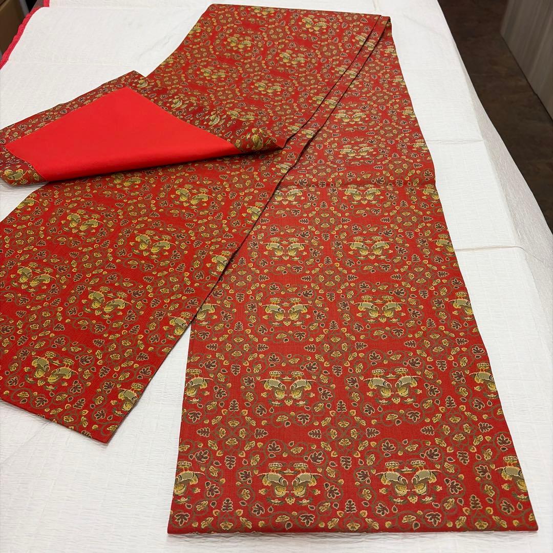 龍村美術織物-名古屋帯-赤￼地鴛鴦唐草柄￼