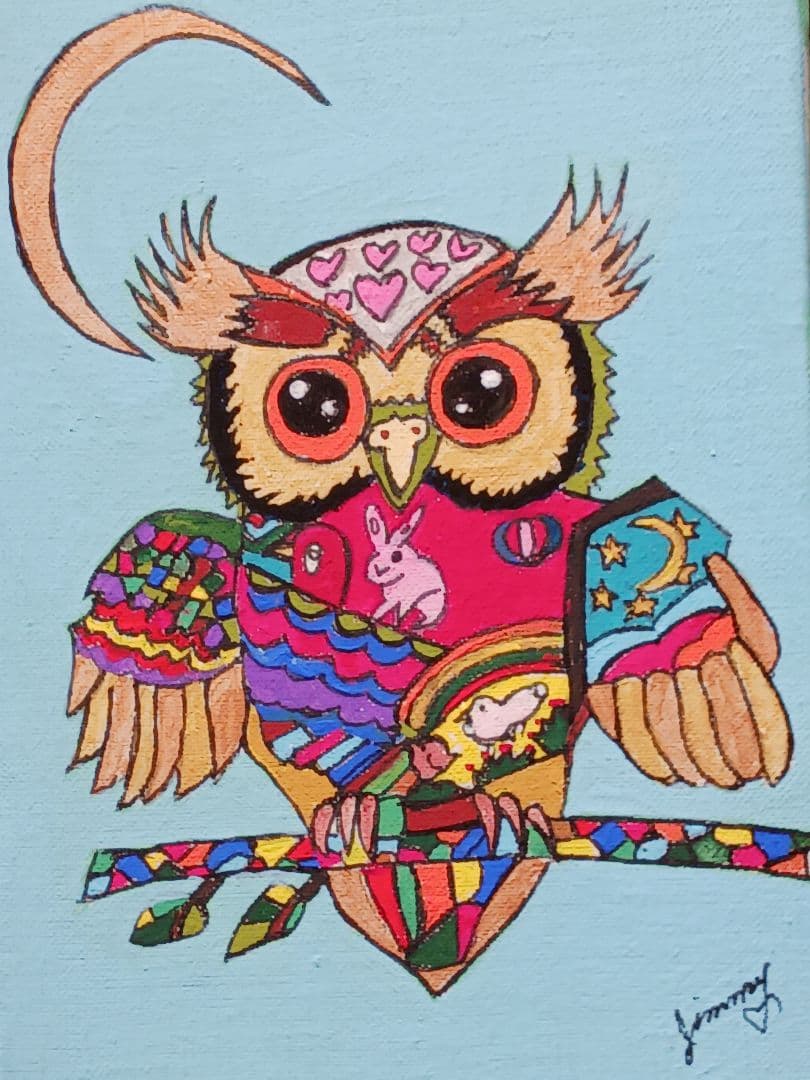 ジミー大西、ふくろう(不苦労、福朗).アクリル画、SM