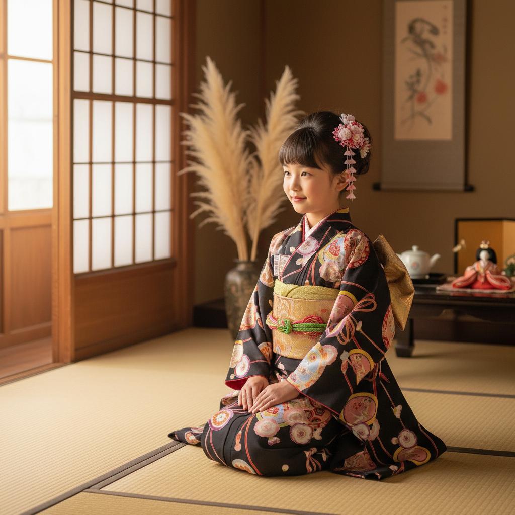 七五三 753 着物 七歳 四つ身着物 黒地友禅柄 新品 送料込み k4132t