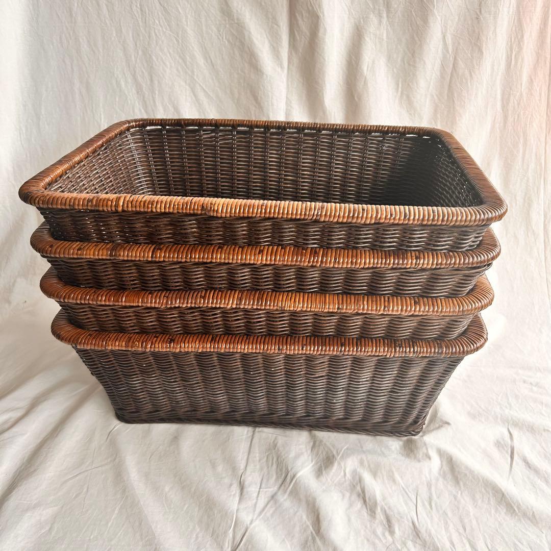 【新品】ラタンバスケット 4個セット おしゃれカゴ ブラック系