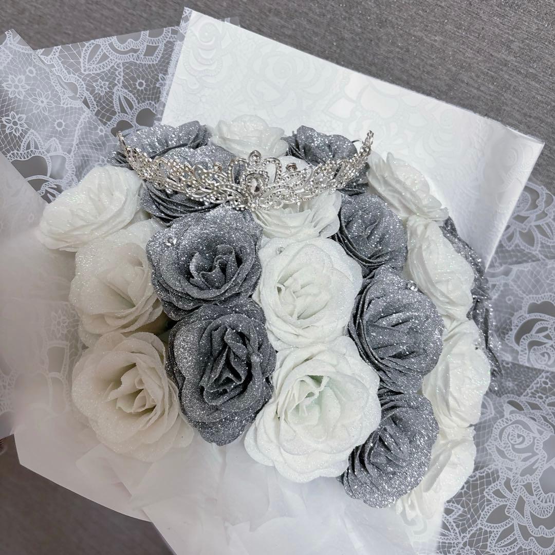 グリッターローズブーケ シルバー白