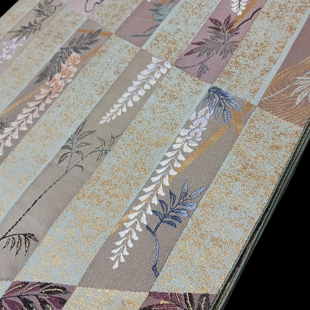 新品　礼装用袋帯　緑に金箔織　不死の“藤の花”　刺繍　金糸輝く優雅で美しい逸品