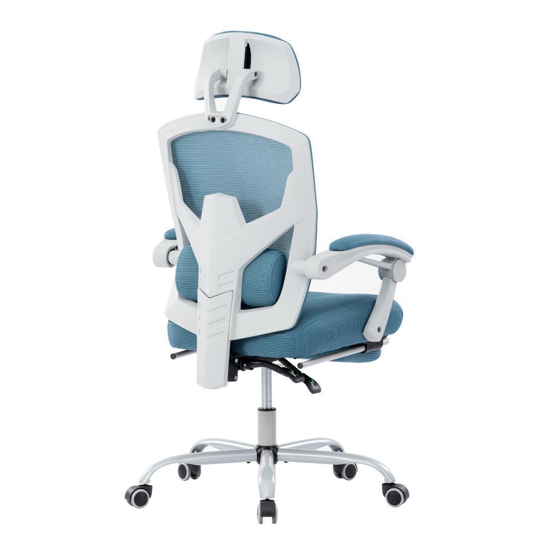 オフィスチェア 事務所チェア リクライニング機能 足載せ付き 【 ブルー】