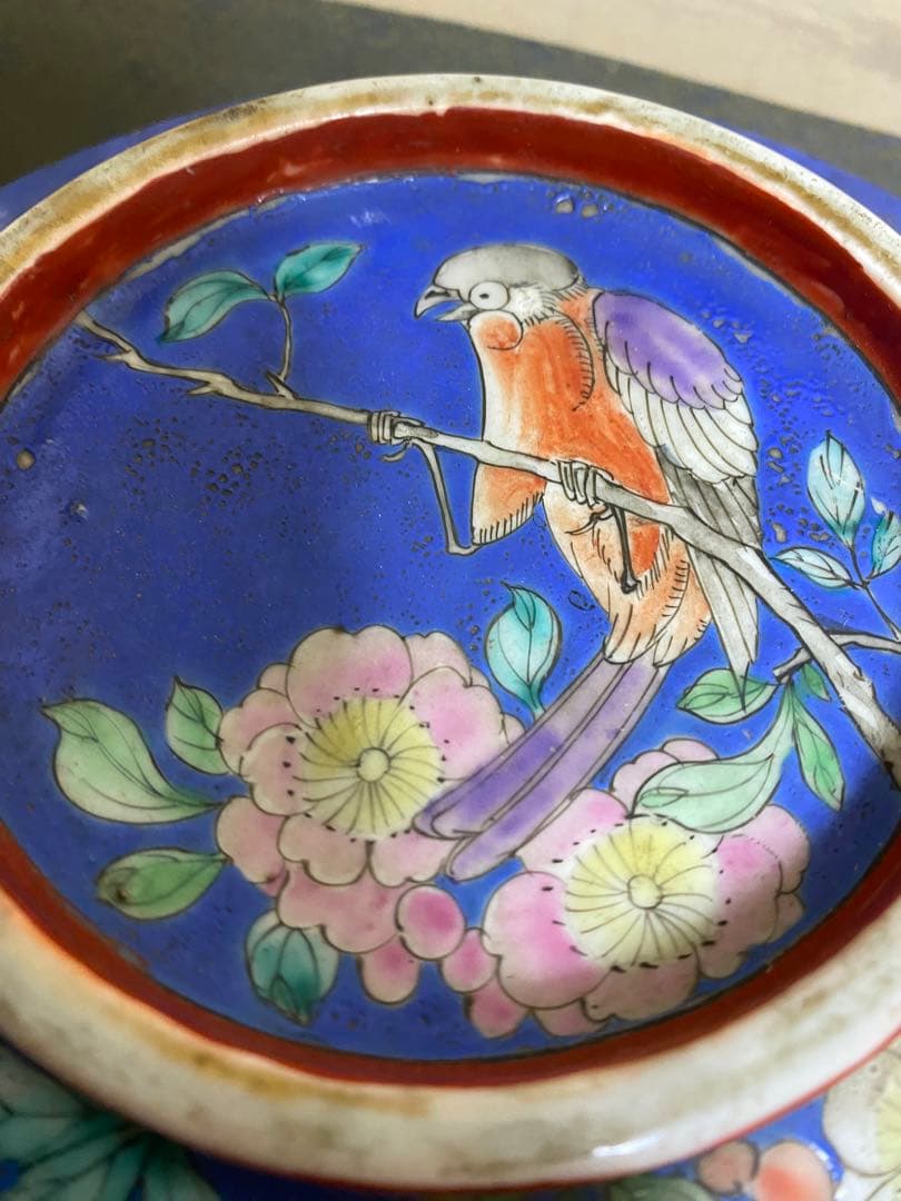 清朝　中国美術 色絵花鳥図蓋物 骨董品保証