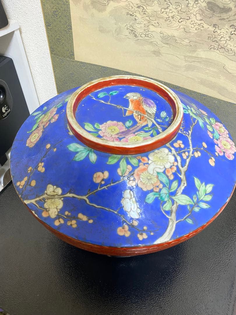 清朝　中国美術 色絵花鳥図蓋物 骨董品保証