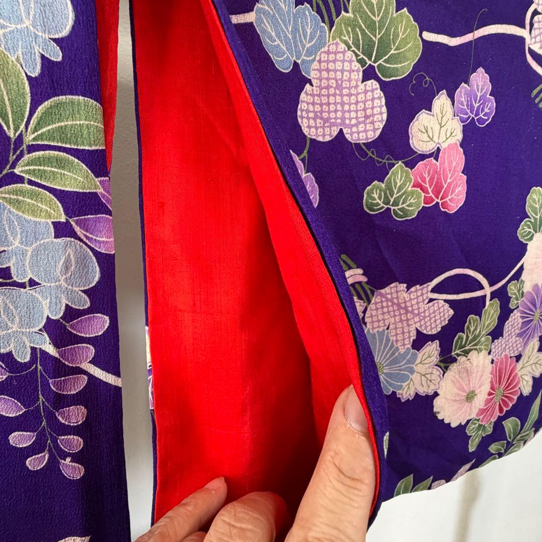 超美品　正絹　袷　着物　小紋　和装 140 綿紗　縮緬　アンティーク　紫　ピンク