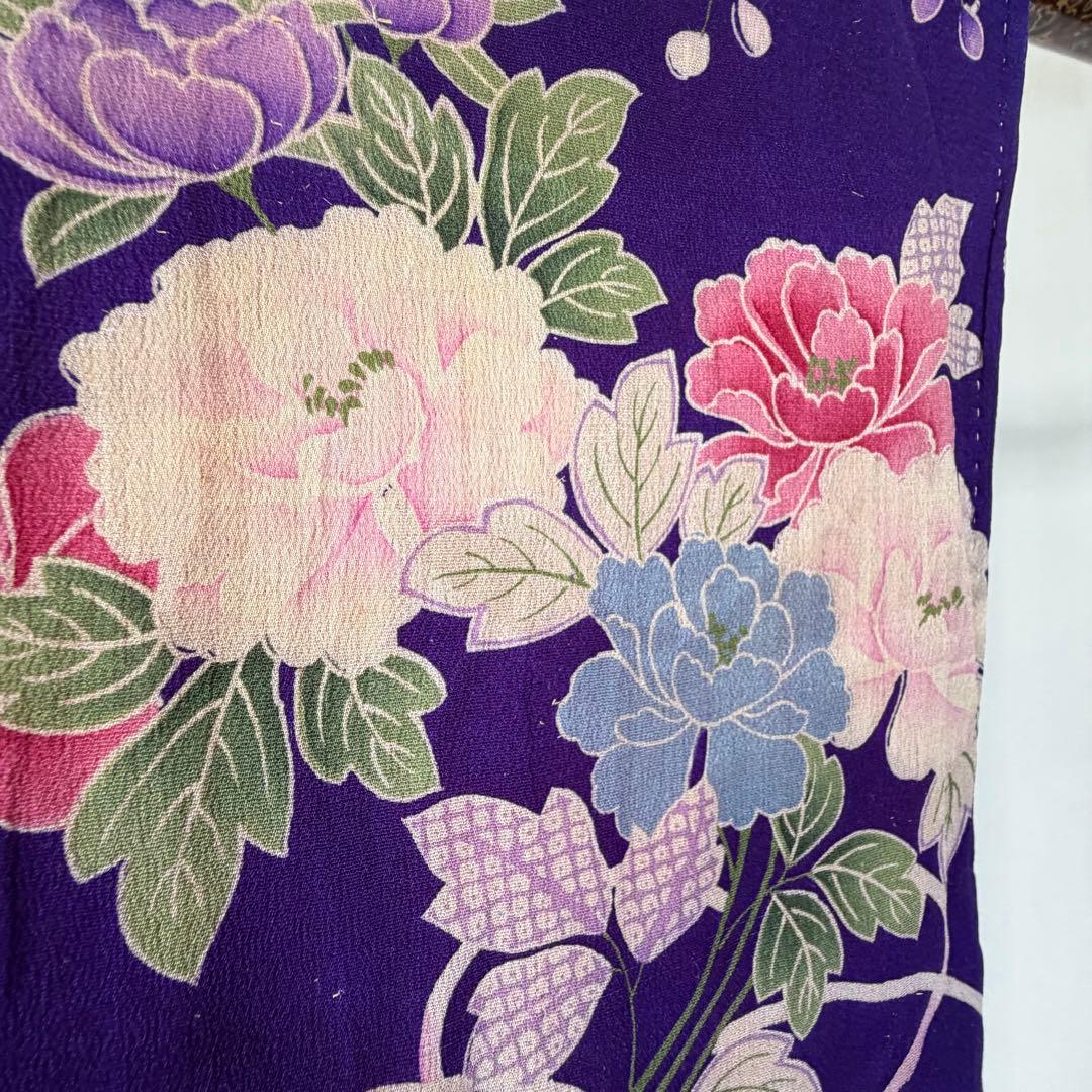 超美品　正絹　袷　着物　小紋　和装 140 綿紗　縮緬　アンティーク　紫　ピンク