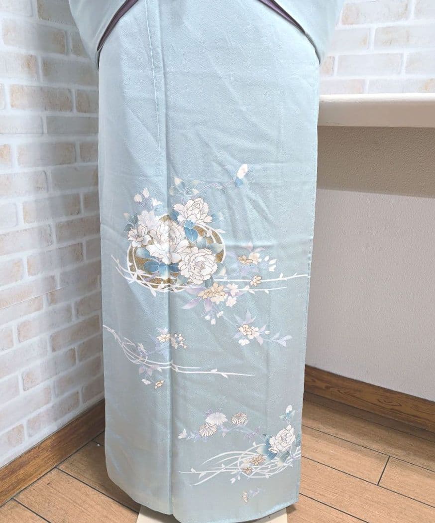 水色花の丸訪問着と袋帯・帯揚げ帯締めの4点フルセット