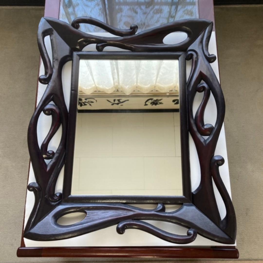 ウォールミラー 鏡 壁掛け 木製 木彫り 彫刻 ブラウン レトロ アンティーク