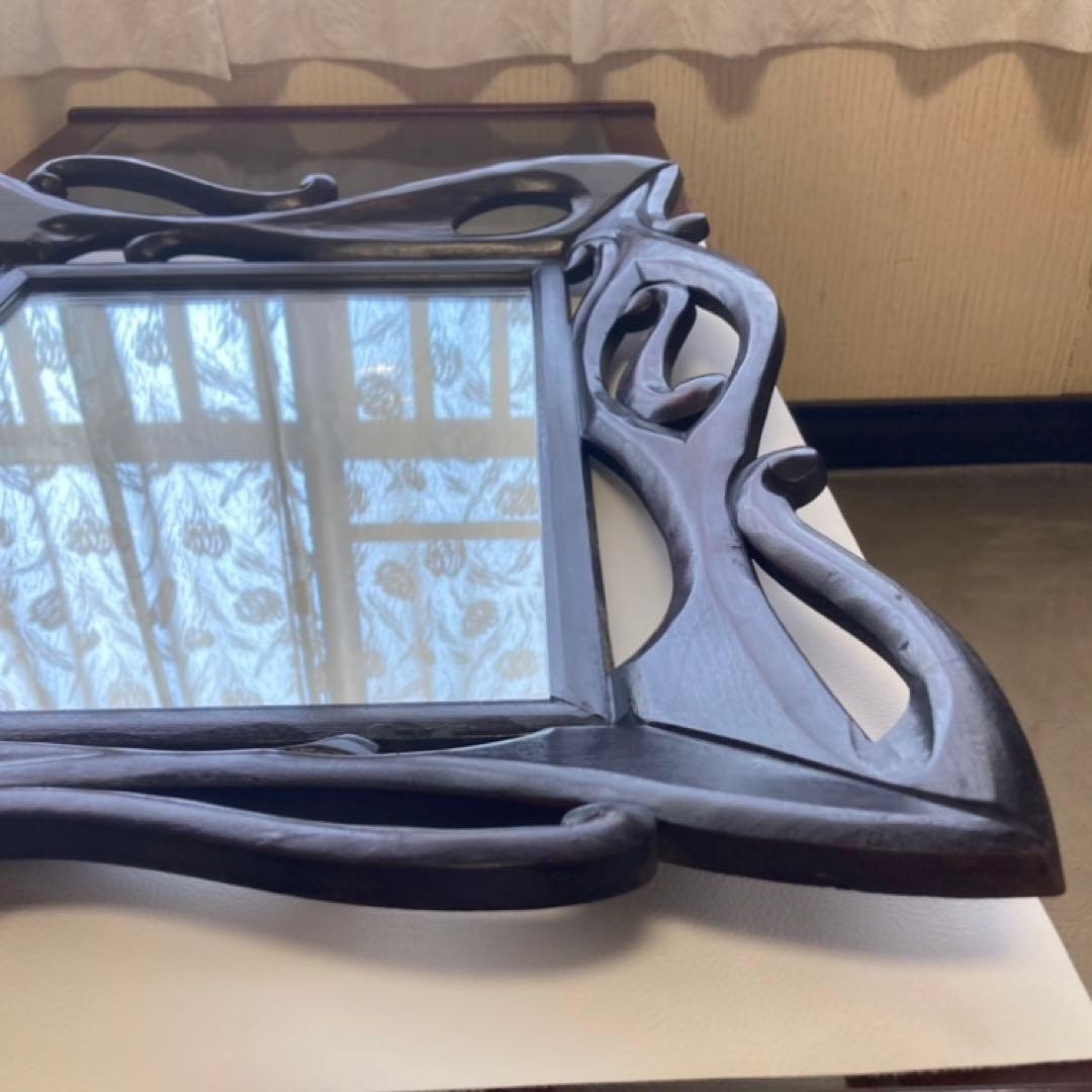 ウォールミラー 鏡 壁掛け 木製 木彫り 彫刻 ブラウン レトロ アンティーク