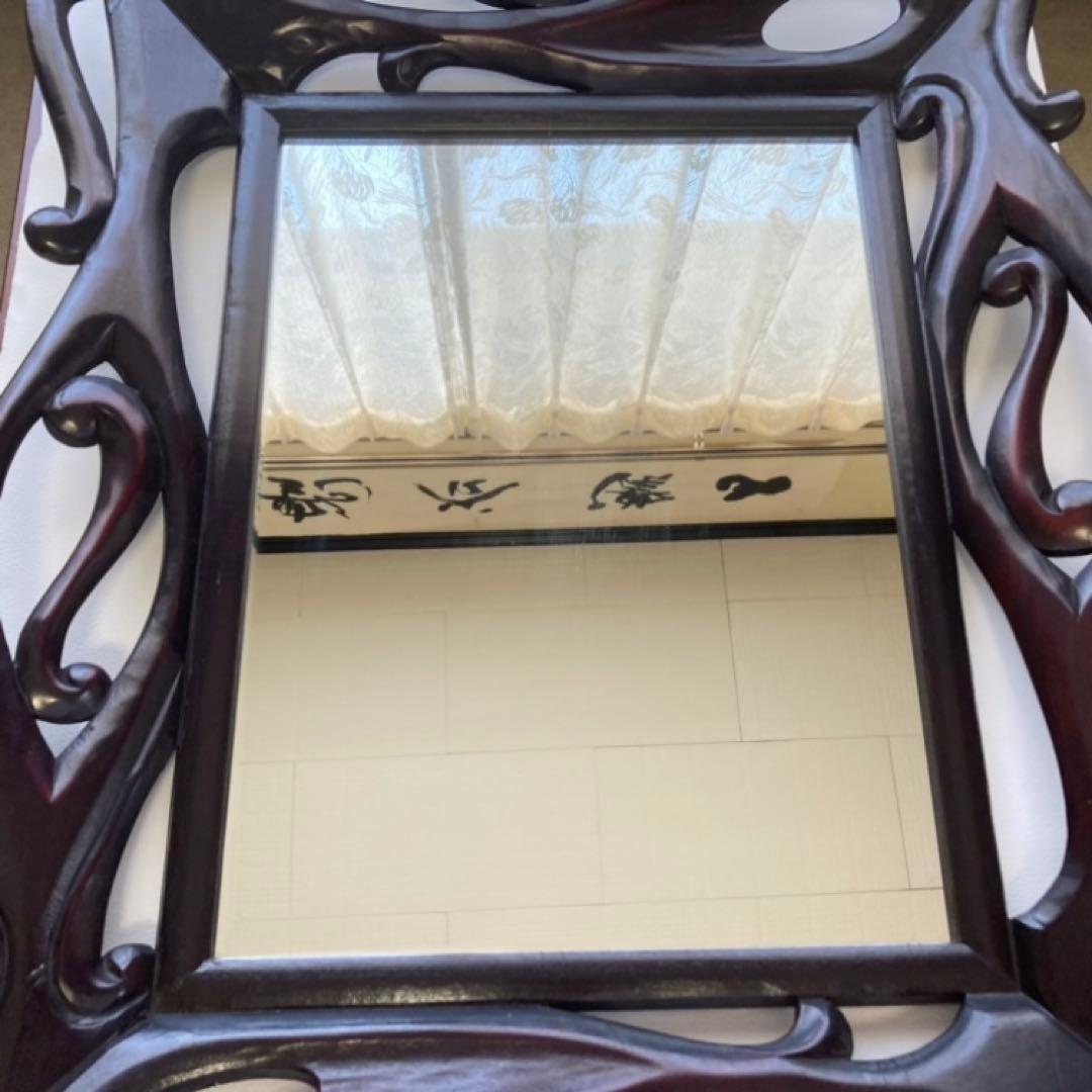 ウォールミラー 鏡 壁掛け 木製 木彫り 彫刻 ブラウン レトロ アンティーク