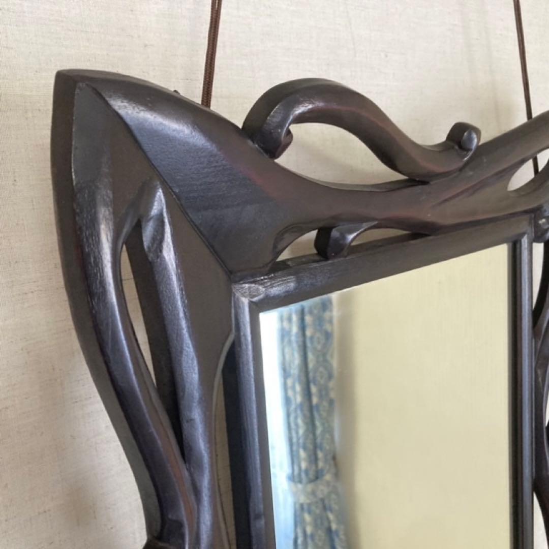 ウォールミラー 鏡 壁掛け 木製 木彫り 彫刻 ブラウン レトロ アンティーク