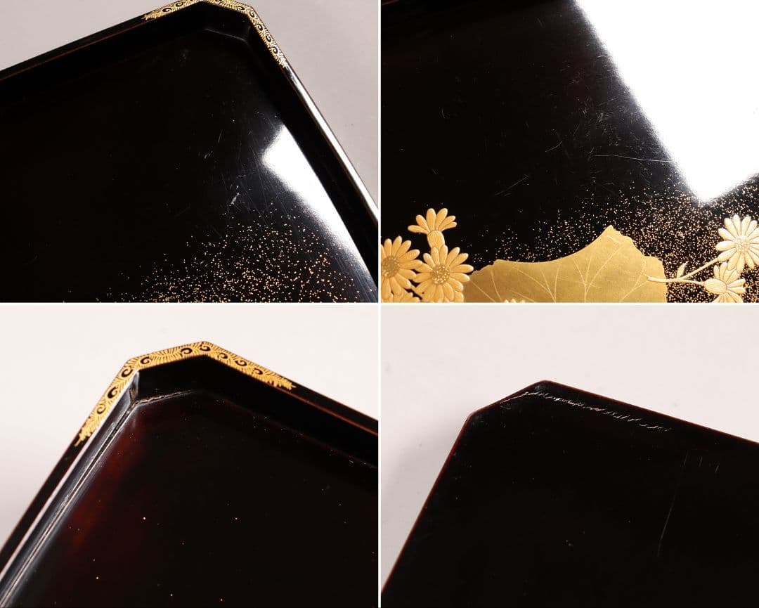 MA6 木製漆器 草花金蒔絵 黒塗 長方盆 大小一組 木箱入 切金 梨地 菊