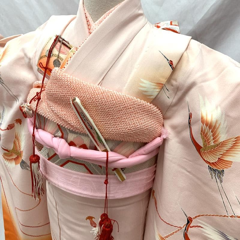 508ag35■七五三 七歳 女児 着物&袋帯&長襦袢 鶴 流水結び紐■状態良好