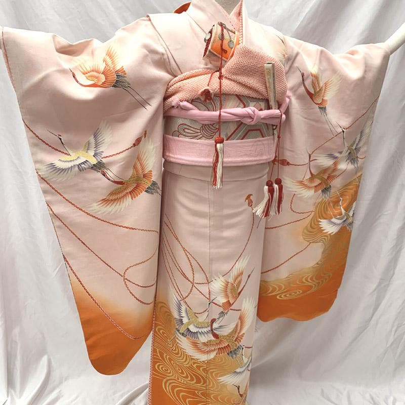 508ag35■七五三 七歳 女児 着物&袋帯&長襦袢 鶴 流水結び紐■状態良好