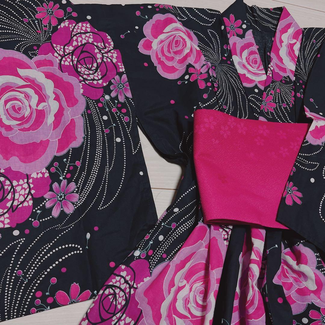 ドレス浴衣 　大人フリーサイズ　ハンドメイド　地雷　姫ギャル　バラ　ピンク