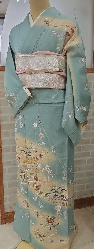 トールサイズ訪問着4点フルセット、着物、袋帯、帯締め、帯揚げ