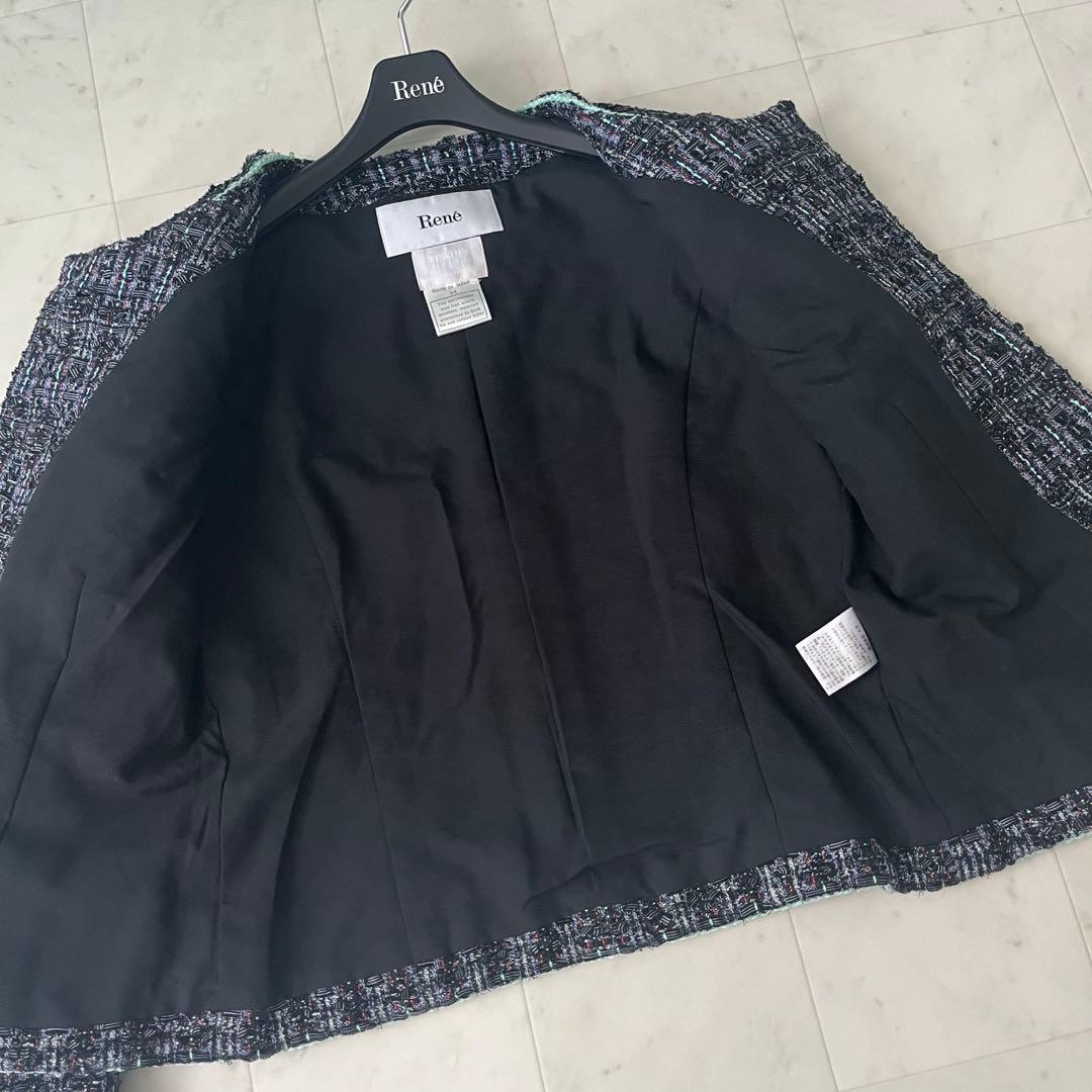 近年♡ルネ TISSUE製 ノーカラー ツイード ジャケット パール ラメ 34