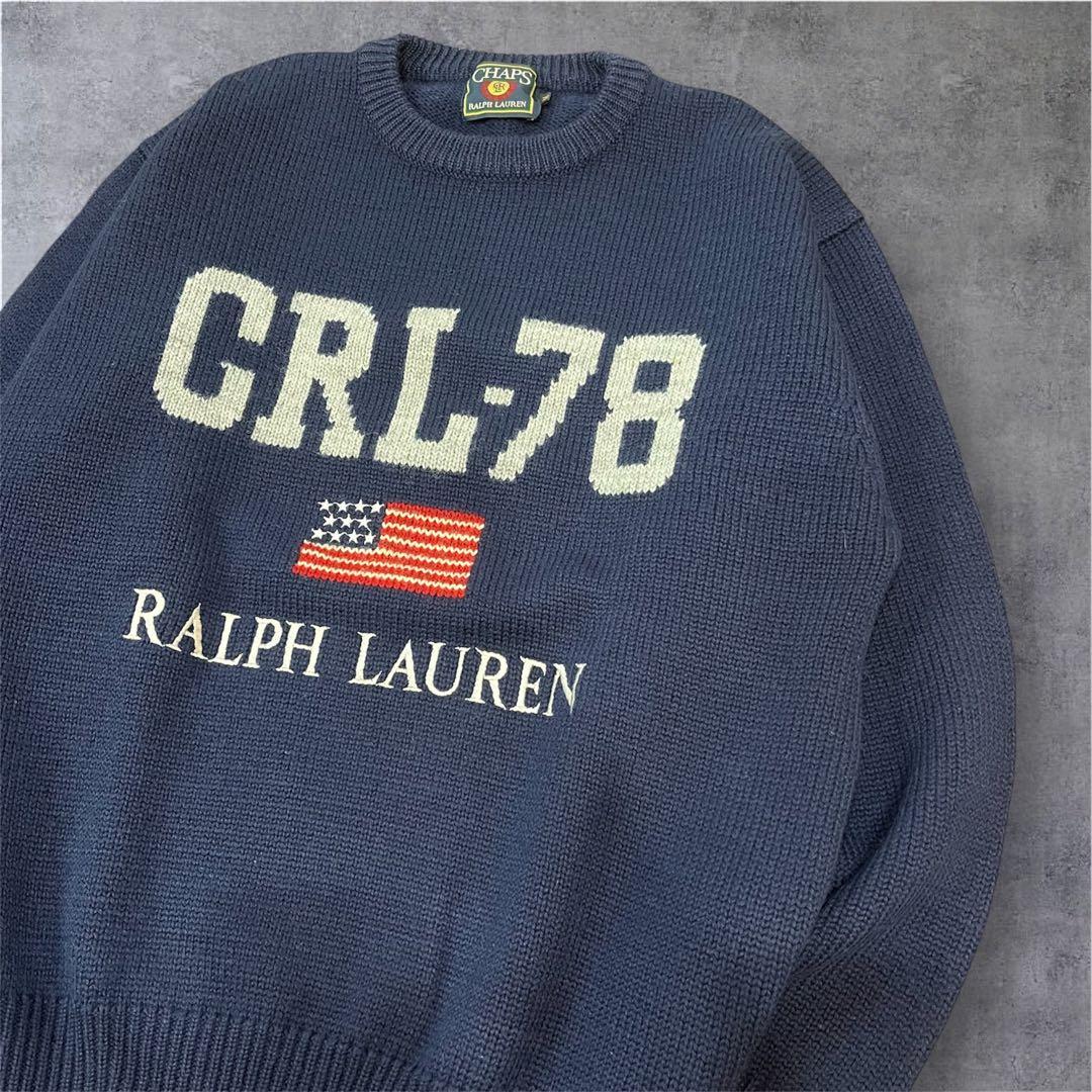 【希少】チャップス ラルフローレン 刺繍ロゴ ニット セーター 紺 M 90s