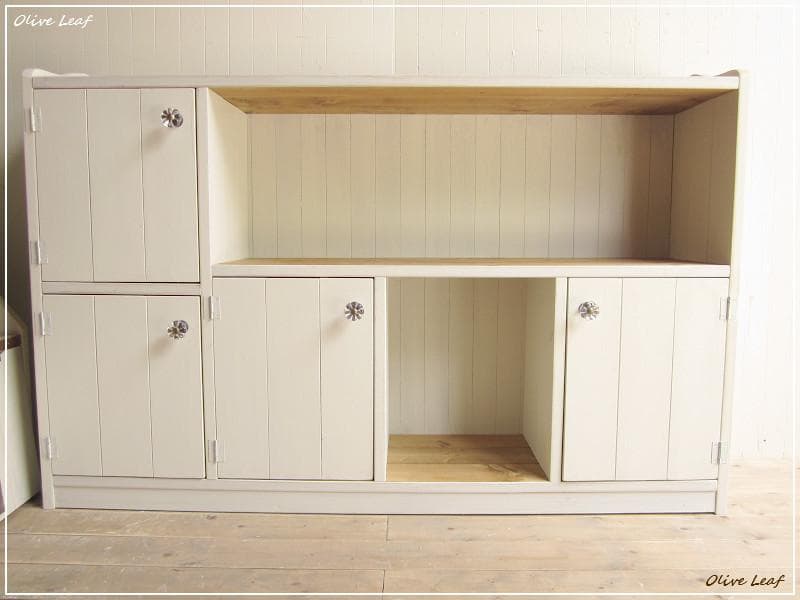 サイズデザインオーダー可ワイドロータイプ4扉キャビネットシャビーホワイト受注製作