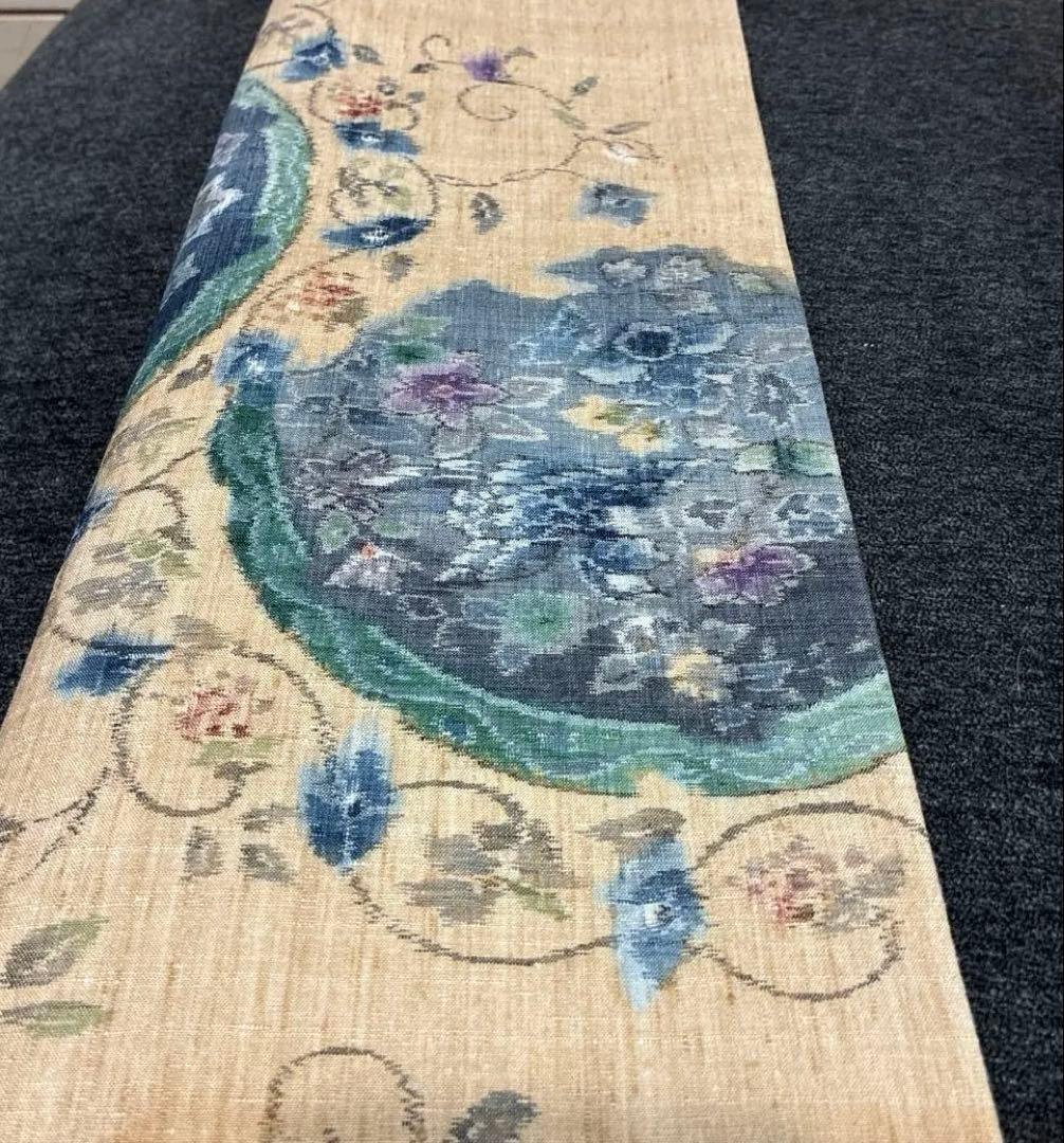 袋帯 紬地 華文 花唐草 ベージュ 六通 正絹