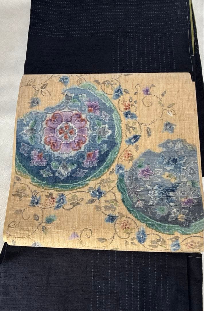 袋帯 紬地 華文 花唐草 ベージュ 六通 正絹