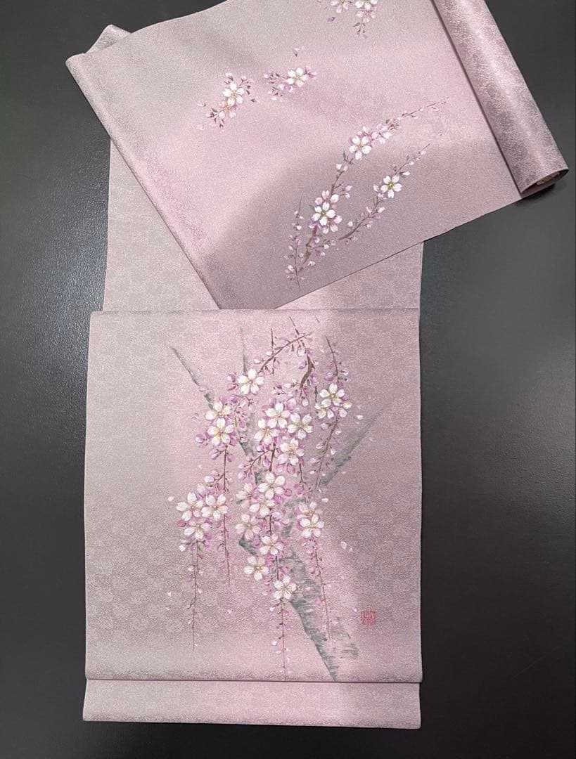 お仕立て付き【特選手描き友禅染帯◆枝垂れ桜】淡い紅藤色