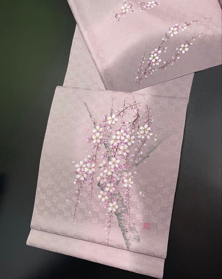 お仕立て付き【特選手描き友禅染帯◆枝垂れ桜】淡い紅藤色