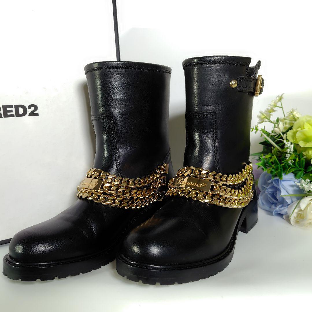 DSQUARED2 ゴールドチェーン レザー ブーツ 黒 37 モード