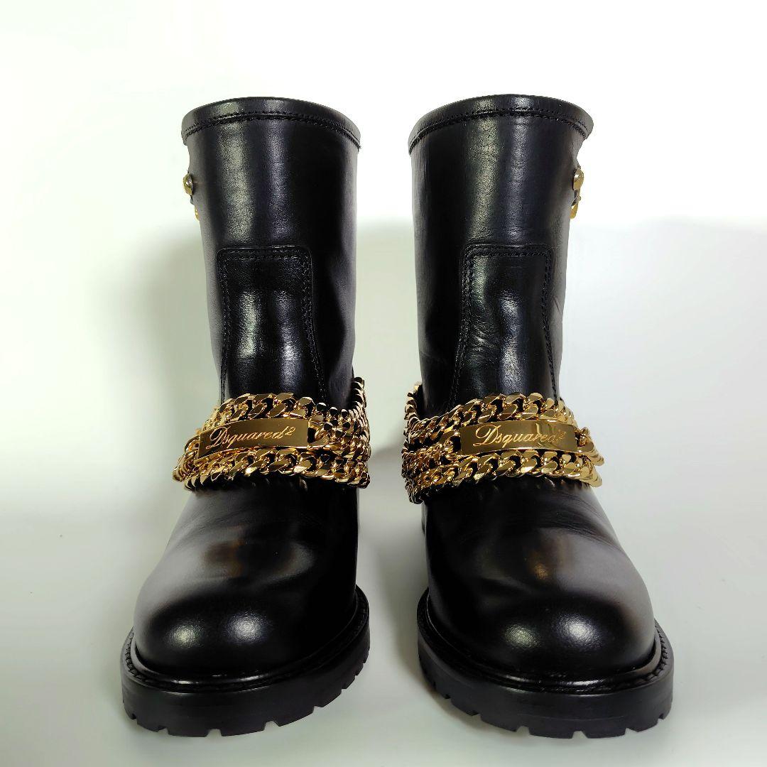 DSQUARED2 ゴールドチェーン レザー ブーツ 黒 37 モード