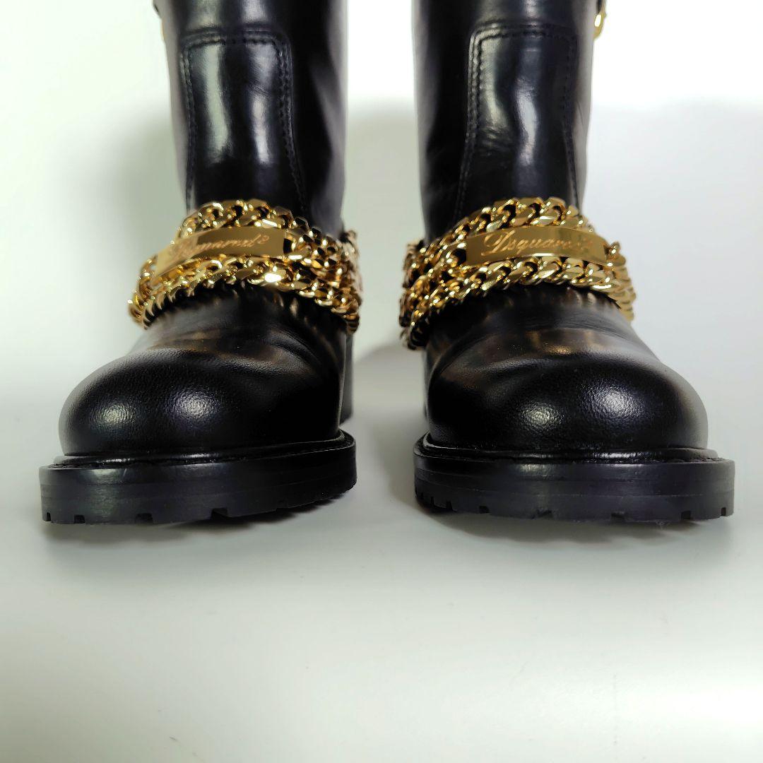 DSQUARED2 ゴールドチェーン レザー ブーツ 黒 37 モード