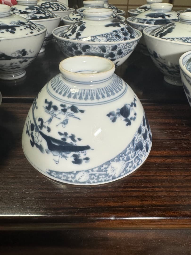 古伊万里 伊万里焼　染付総模様蓋付碗　19客　　江戸後期