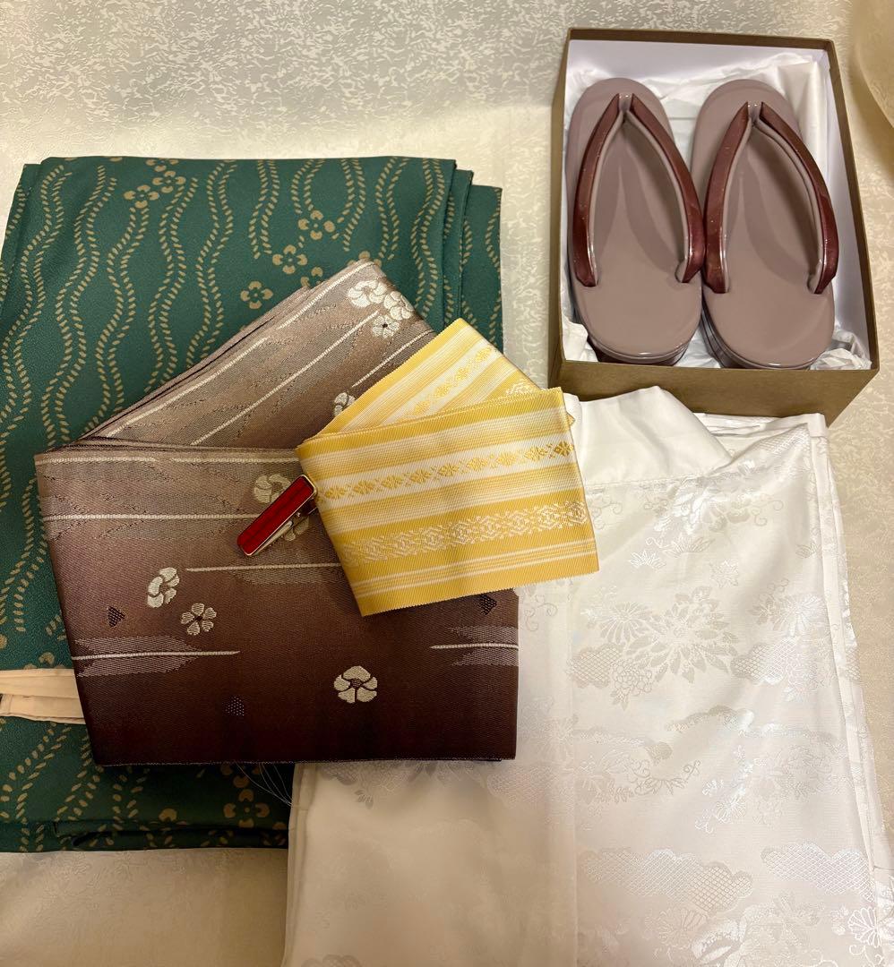 洗える着物L・半幅帯・和装クリップ・伊達締・草履LL・長襦袢Lの豪華6点セット