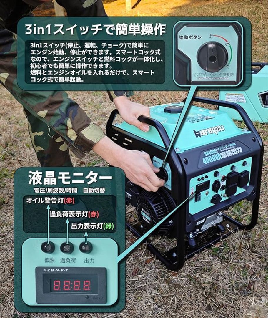 発電機インバーター オープン型 定格出力4.0kVA ガソリン発電機 8L燃料