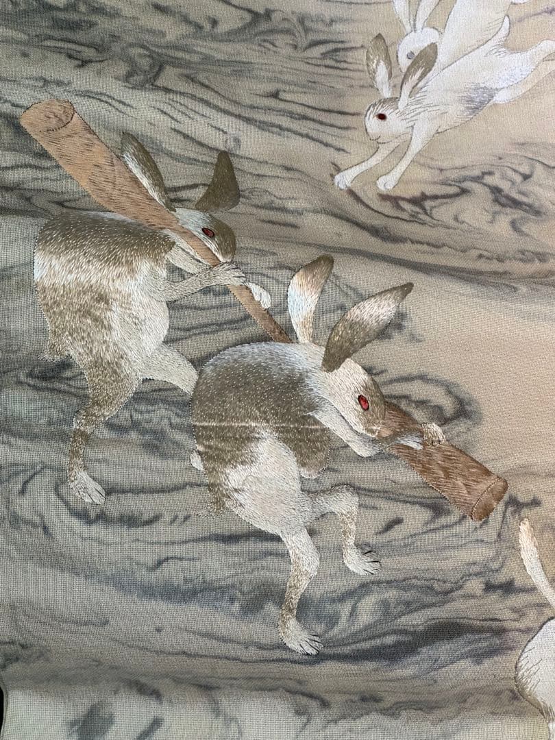 ウサギ刺繍 名古屋帯　アンティーク　餅つき　レア