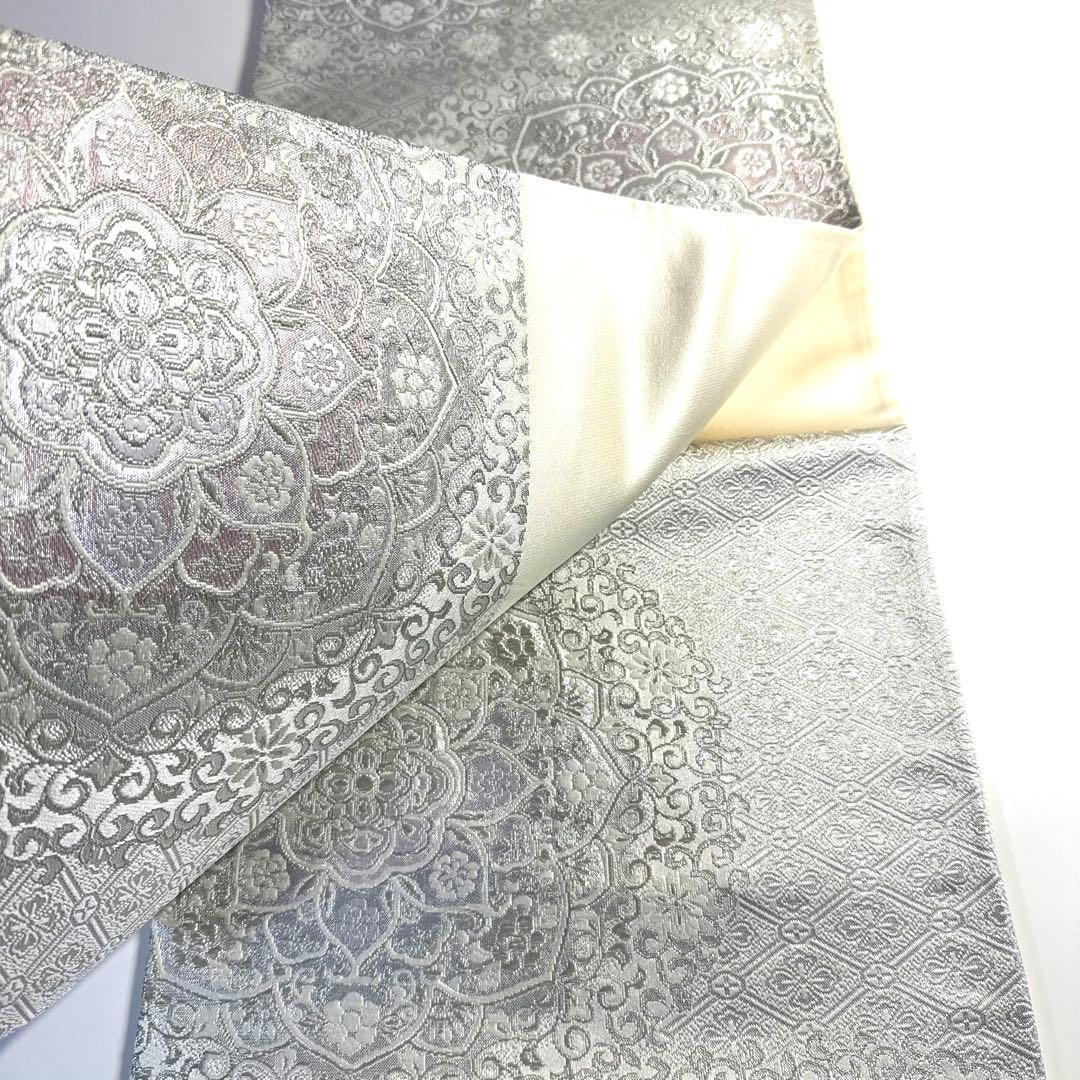 6k128 袋帯　絹　唐織　正倉院文様　華文　銀色　白　ピンク　紫　花柄　和装