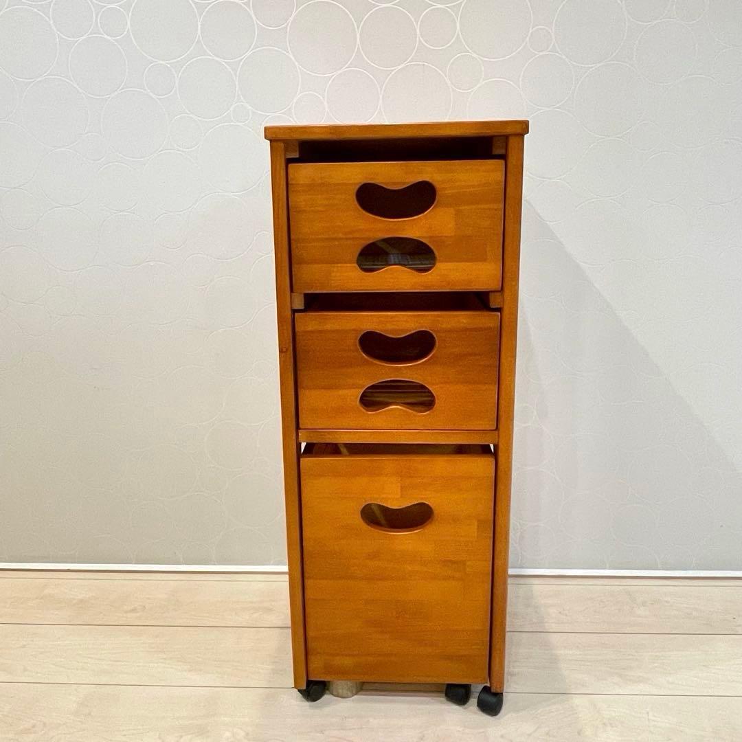 【美品】木製収納ラック 3段ワゴン キッチンラック キャスター付き 天然木