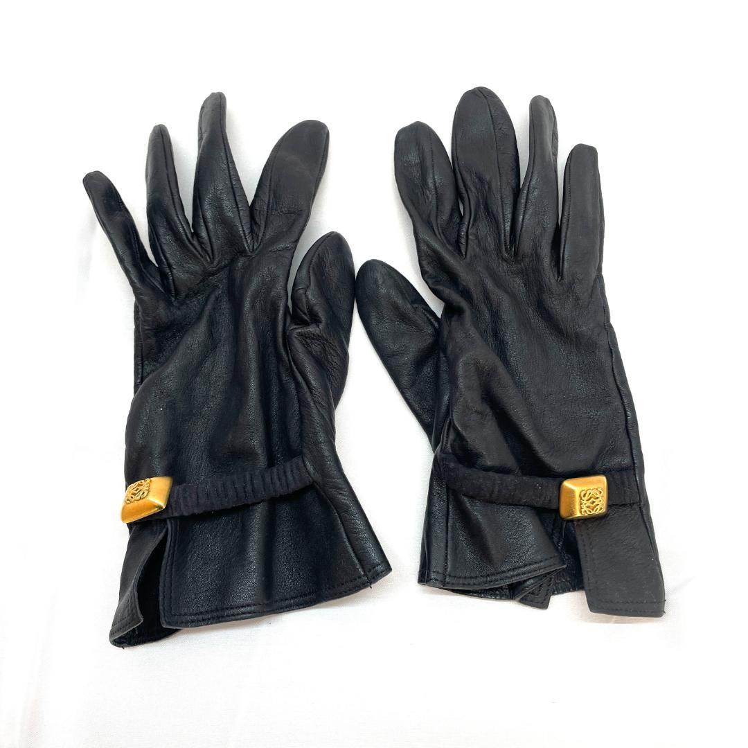 Y512-51 LOEWE ロエベ レザーグローブ 黒 アナグラム ゴールド金具